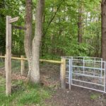 Photo of a fence and a kissing gate. A finger posts stands beside the gate to show the way.