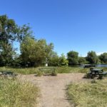 Photo of a picnic area beside the River Thames in summer.