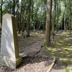 Photo of a small cemetery. One large headstone in the foreground, and many scattered through the woodlands.